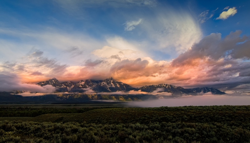 Fantastic clouds and light surrounded the Tetons on a beautiful morning in Wyoming.