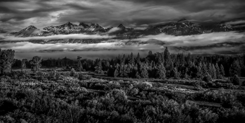 Morning drama with clouds and fog rolling over the Tetons.